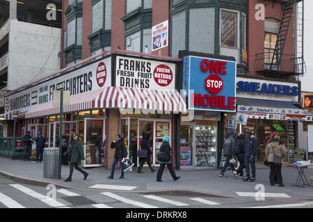 Hot dog & hamburger restaurant on Fulton Street in downtown Brooklyn, NYC. Stock Photo
