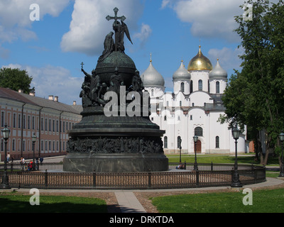 Monument to the Millennium of the Russian Statehood and Cathedral of St. Sophia The Wisdom Of God in Veliky Novgorod, Russia Stock Photo