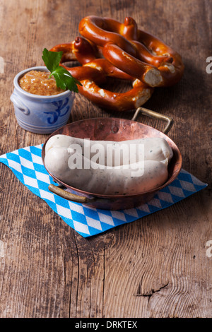 bavarian white sausage in a copper pot Stock Photo