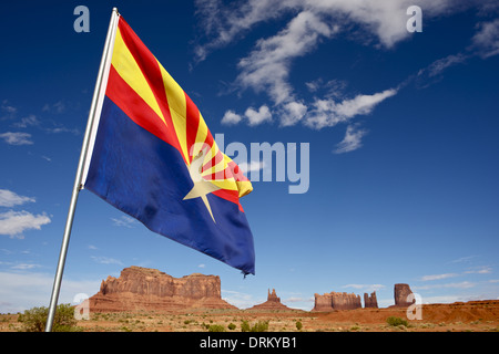 Welcome in Arizona - Arizona Flag in Monuments Valley, AZ, USA. Stock Photo