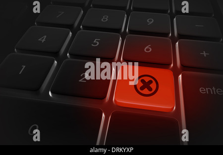 Stop Cancel Button Alert on the Computer Keyboard. Online Privacy Theme. Dark Keyboard with Red Glowing Alert Button. Stock Photo