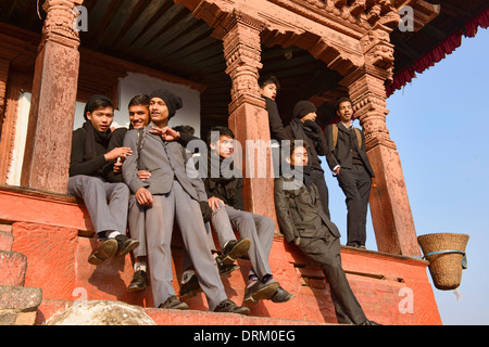 Nepali schoolboys in Durbar Square, Kathmandu, Nepal Stock Photo