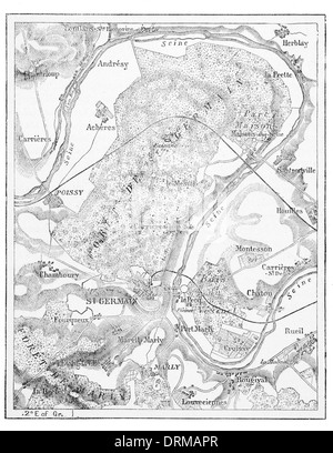 Country around Saint Germains River Seine Paris France Map circa 1850 Stock Photo