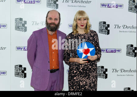 Katie Paterson with her Best Visual Art award with presenter Gavin Turk during the South Bank Sky Arts awards at Dorchester Hotel on January 27, 2014 in London, England. Stock Photo