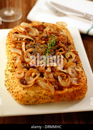 Focaccia with caramelized onions. Recipe available. Stock Photo