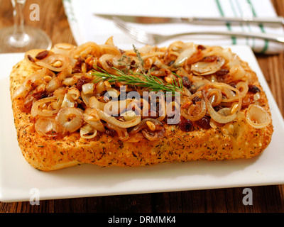Focaccia with caramelized onions. Recipe available. Stock Photo
