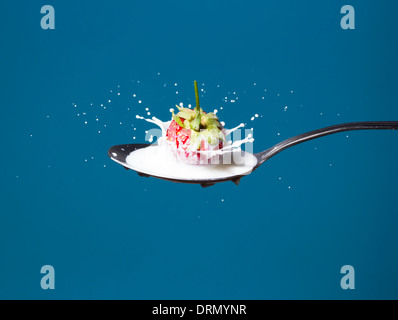 High-speed photo of strawberry falling into the milk on a blue background Stock Photo