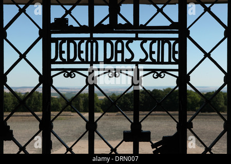 Jedem das Seine. Main gate of Buchenwald concentration camp near Weimar, Germany. Stock Photo