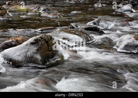 WASHINGTON - Ice rimed rocks in the South Fork Snoqualmie River near Olallie State Park. Stock Photo