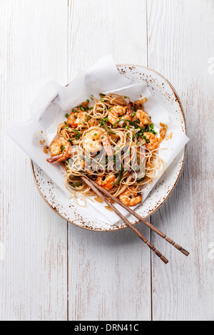 Thai rice noodles with shrimp Stock Photo