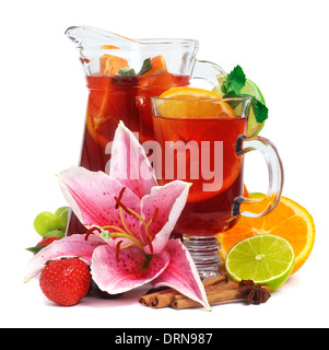 Refreshing fruit sangria in jug with different fruits solated on white Stock Photo