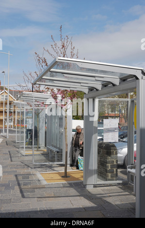 New bus shelters at Aberystwyth's 'Transport Gateway' with new tree planting and permeable tree pit, Wales, UK Stock Photo