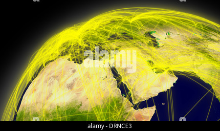 Middle East viewed from space with connections representing main air traffic routes. Elements of this image furnished by NASA. Stock Photo