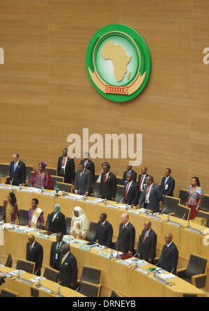 Addis Ababa, Ethiopia. 30th Jan, 2014. Delegates commemorate Nelson Mandela at the beginning of the African Union (AU) summit in Addis Ababa, Ethiopia, 30 January 2014. The annual summit of Heads of State and Government of the African Union began on 29 January in Addis Ababa. The official motto of the two-day meeting is 'Agriculture and food security', but it is expected that especially the conflicts on the continent will play a central role. Photo: Carola Frentzen/dpa/Alamy Live News Stock Photo