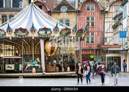 Traditional medieval timber-frame architecture in central square at Troyes in the Champagne-Ardenne region of France Stock Photo