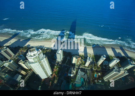 View down over Surfers Paradise beach from about 230 meters up from the Q Deck building in late afternoon, Queensland, Australia Stock Photo