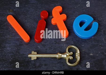 Antique key on a slate background with the word life in letters Stock Photo