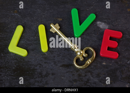 Antique key on a slate background with the word live in letters Stock Photo