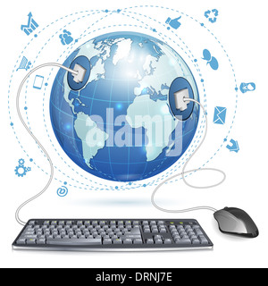 Mouse and Keyboard Connected to Earth with Internet Icons, illustration isolated on white background Stock Photo