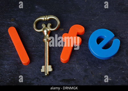 Antique key on a slate background with the word life in letters Stock Photo