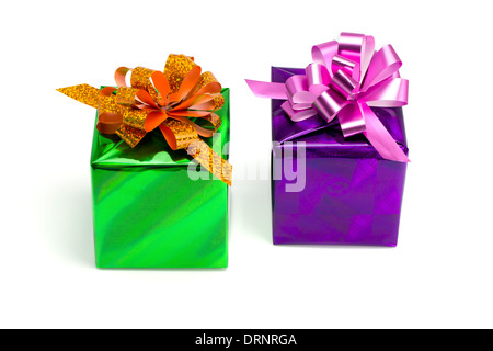 Green and violet gift boxes on the isolated white background Stock Photo