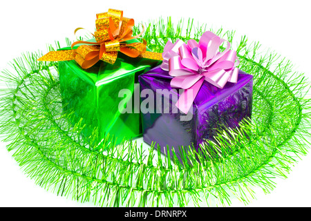 Green and violet gift with a tinsel on the white isolated background Stock Photo