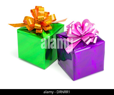 Green and violet gift boxes on the isolated white background Stock Photo