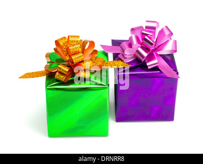 Green and violet gift boxes on the isolated white background Stock Photo