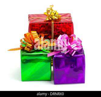 Violet, green, red and yellow gift on the white isolated background Stock Photo