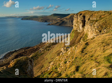 Late afternoon sun at Emmetts Hill, Dorset, UK and the fabulous view west along the Jurassic coastline Stock Photo