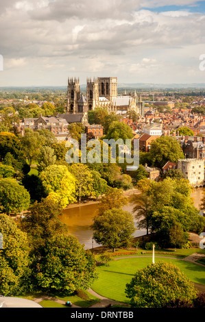 Elevated view of York Minster with the river Ouse and Memorial Gardens in the foreground. York. North Yorkshire. Stock Photo