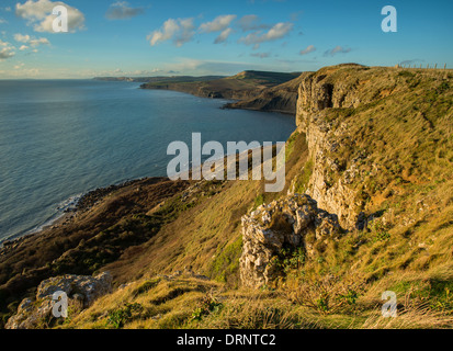 Late afternoon sun at Emmetts Hill, Dorset, UK and the fabulous view west along the Jurassic coastline Stock Photo