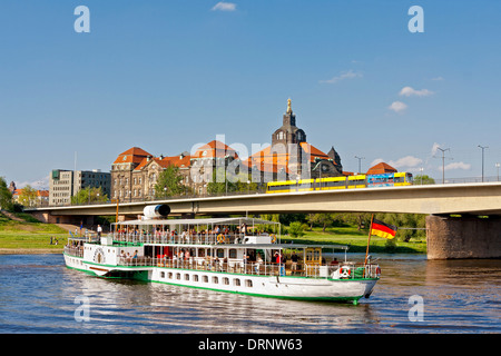 elbe river with paddle streamer, carolabrucke and saxon state chancellery, dresden, saxony, germany Stock Photo