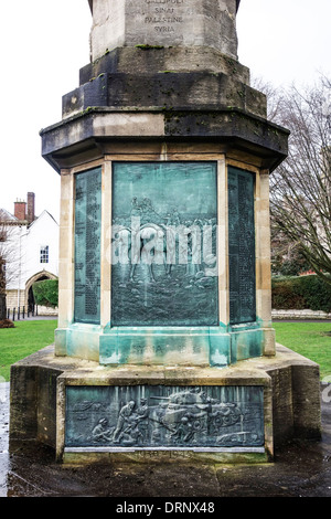 One side of the War Memorial by Gloucester Cathedral depicting the Syria campaign of 1918. Stock Photo