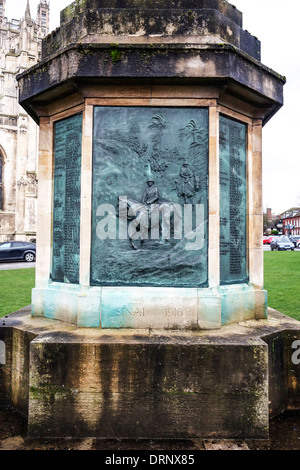 One side of the War Memorial by Gloucester Cathedral depicting the Sinai campaign of 1916. Stock Photo