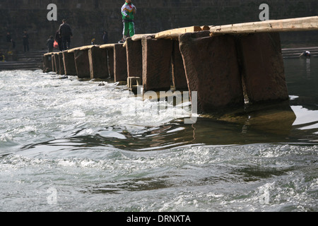 old stone pier wooden bridge Stock Photo