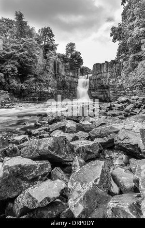 High Force waterfall in monochrome near Middleton-in-Teesdale, Upper Teesdale, Co. Durham, England, UK Stock Photo