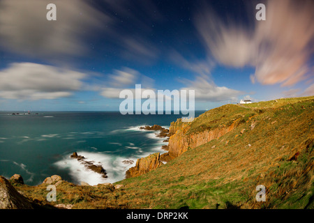 Land's End; by Moonlight; Cornwall; UK Stock Photo