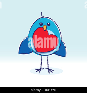 Staring Bluebird with Red Heart in it's beak on a Blue Grad background Stock Photo