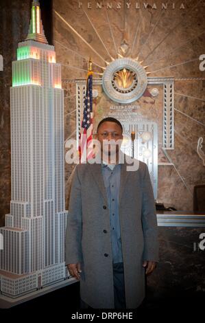 Manhattan, New York, USA. 30th Jan, 2014. NFL Hall of Fame Running Back BARRY SANDERS lights the Empire State Building in celebration of Super Bowl XLVIII, Thursday, January 30, 2014. Credit:  Bryan Smith/ZUMAPRESS.com/Alamy Live News Stock Photo