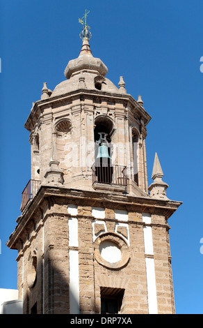 The bell tower on the Igesia de Santiago Apostol (Church of Santiago) in Cadiz, Andalusia, Spain. Stock Photo