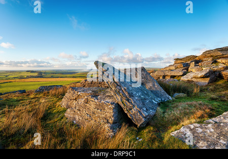 Granite slabs in evening light on top of Alex Tor on Bodmin Moor in Cornwall Stock Photo