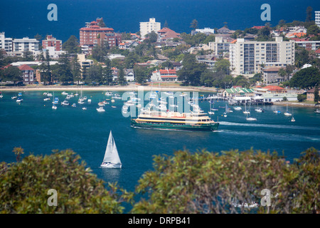 Manly ferry 'Collaroy' approaching wharf at Manly seen from Dobroyd Head North Harbour Sydney New South Wales NSW Australia Stock Photo