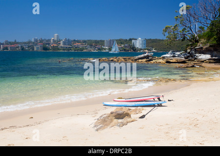 Reef Beach North Harbour looking across to Manly with surfboards and paddleboards on sand Sydney New South Wales NSW Australia Stock Photo