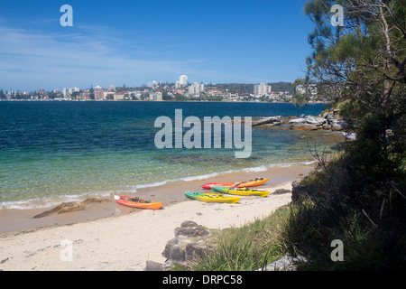 Reef Beach North Harbour looking across to Manly with surfboards and kayaks on sand Sydney New South Wales NSW Australia Stock Photo