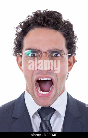 mad young businessman with glasses in suit Stock Photo