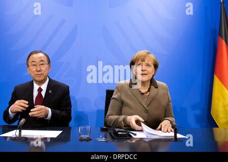 Berlin, Germany. 30th Jan, 2014. German Chancellor Angela Merkel (R) and UN Secretary-General Ban Ki-Moon attend a press conference after their meeting at the chancellery in Berlin, Germany, Jan. 30, 2014. Credit:  Goncalo Silva/Xinhua/Alamy Live News Stock Photo