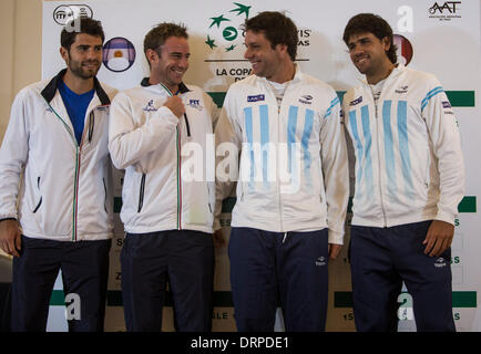 Mar Del Plata, Argentina. 30th Jan, 2014. Members of Argentina's Davis Cup double team, Eduardo Schwank (R) and Horacio Zeballos (2nd R), pose for the photograph along with their counterpart, Filippo Volandri (2nd L) and Simone Boleli (L) of Italy, at the end of drawing for the game matches of the first round of the Davis Cup World Group 2014 between Argentina and Italy, in Mar del Plata, 404 km from Buenos Aires, capital of Argentina, on Jan. 30, 2014. Credit:  Martin Zabala/Xinhua/Alamy Live News Stock Photo