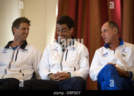 Mar Del Plata, Argentina. 30th Jan, 2014. Captain of Italy's Davis Cup team, Corrado Barazzutti (R), reacts along with players Fabio Fognini (C) and Andreas Seppi (L), during the drawing for the game matches of the first round of the Davis Cup World Group 2014 between Argentina and Italy, in Mar del Plata, 404 km from Buenos Aires, capital of Argentina, on Jan. 30, 2014. Argentina and Italy will face each other in the first round of the Davis Cup World Group at Patinodromo Municipal Adalberto Lugea in Mar del Plata, from Jan. 31 to Feb. 2. Credit:  Martin Zabala/Xinhua/Alamy Live News Stock Photo