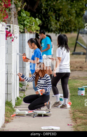 A volunteer team of Asian American teen girls repaints outdoor walls in a slum of Stanton, California, as part of a cleanup campaign. Stock Photo